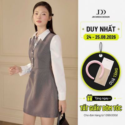 Đầm Cổ V Phối Sơ Mi 1F07.2601, Đầm Dáng Chữ A Ôm Eo Phong Cách Thanh Lịch, Classic, Preppy Thiết Kế Bởi JM Dress Design