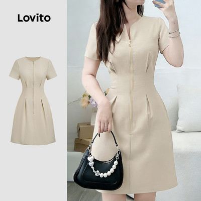 Đầm nữ Lovito kaki xuân hè dây kéo xếp ly thanh lịch LK4LD784