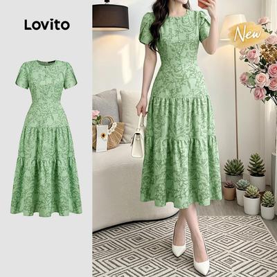(New Arrival) Lovito Váy thanh lịch xếp ly xanh lá cho nữ DRK8P1D725