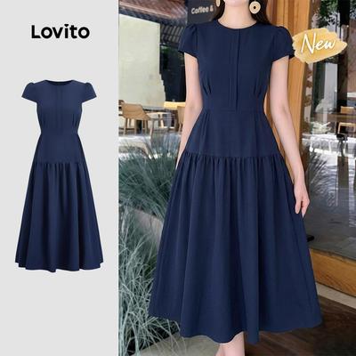 (New Arrival) Lovito Váy nữ màu xanh Navy mùa Xuân/Hè thiết kế xếp ly thanh lịch DRB200TD306