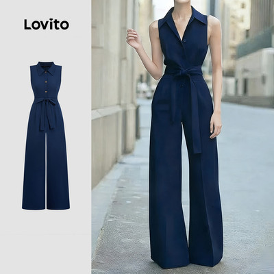 Áo liền quần nữ Lovito xanh navy xuân hè nút thanh lịch L184ED808