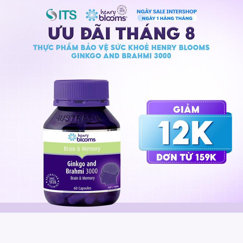 Viên uống hỗ trợ hoạt huyết Henry Blooms Ginkgo & Brahmi 3000 (60 viên) tăng cường tuần hoàn máu não
