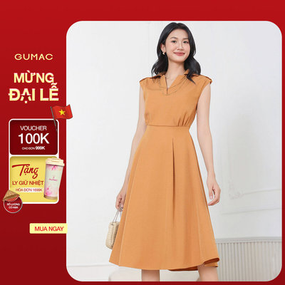 [SALE] Đầm nữ GUMAC form A xòe thiết kế cổ V bẻ đính nút vai eo cao xếp ly trước màu nâu  DF04002