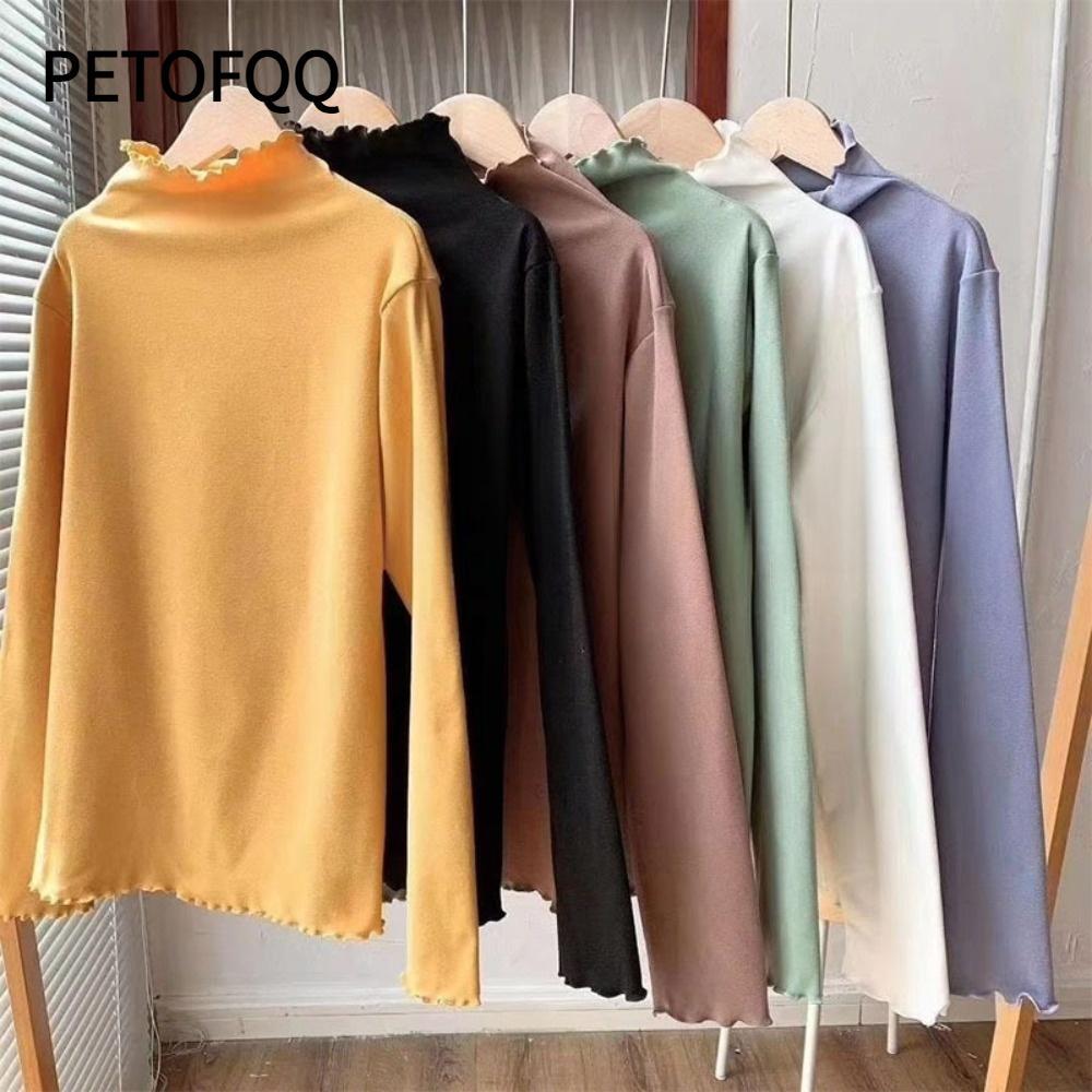 Áo thun dài tay PETOFQQ, Ruffle Trim Mềm mại ấm áp Mock cổ Base Layer Top, Thoải mái dài tay màu trơ