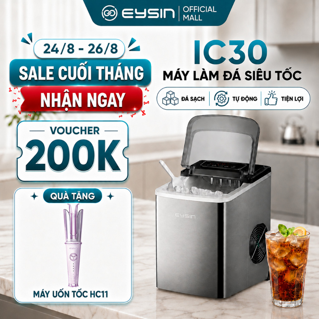 🔥🔥 Máy Làm Đá EYSIN IC30 Làm Đá Viên Tự Động, Màn Hình Đếm Ngược, Hẹn Giờ Làm Đá, Chế Độ Tự Làm Sạch