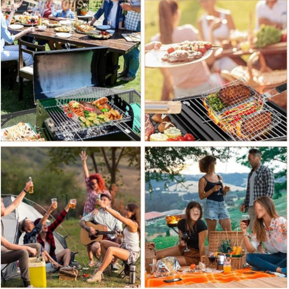 [FUXIN]Foldable Grill Basket with Wooden Handle for BBQ Fish Chicken Vegetables Outdoor
