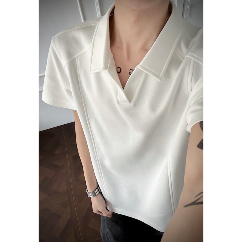 Mỹ boxy Vai Trước Tay Ngắn Áo Sơ Mi polo Nam Mùa Hè Giải Cấu Trúc Khâu Hải âu Cổ Áo Thun Puffer Đẹp 