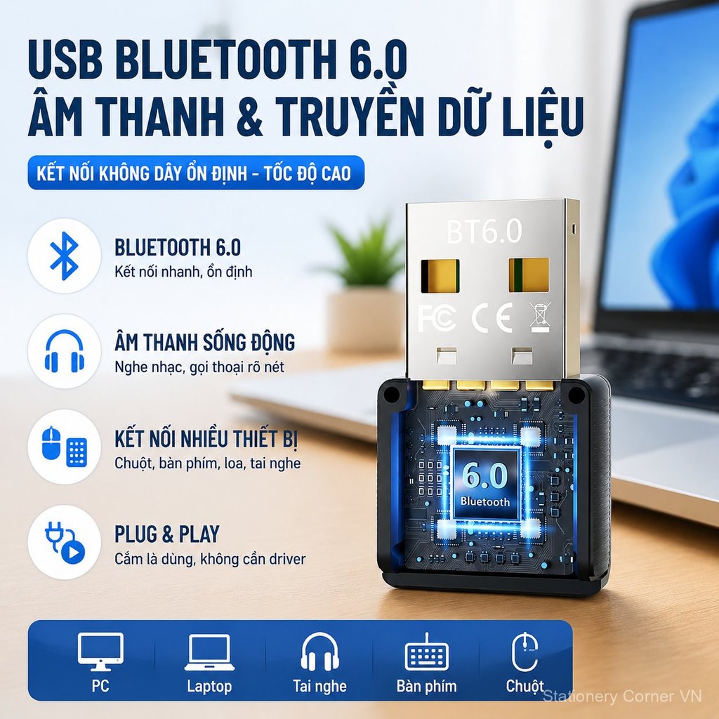 Adapter bluetooth USB 6.0 cho PC, kết nối loa, chuột, bàn phím không dây, ổn định