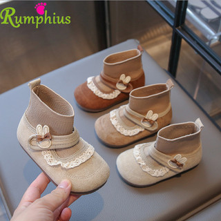 Rumphius Slip-on Ren Da Tất Giày Bốt Cho Bé Gái Thỏ Nơ Đế Mềm Chống Trơn Trượt Giày Trẻ Em Size 21-30