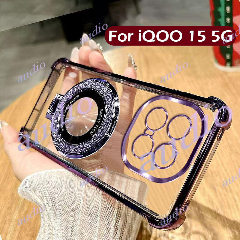 IQOO 15 5G Ốp điện thoại trong suốt mạ bốn góc có giá đỡ cho Vivo iQOO 15 iQOO15 5G 2025 Ốp lưng sil