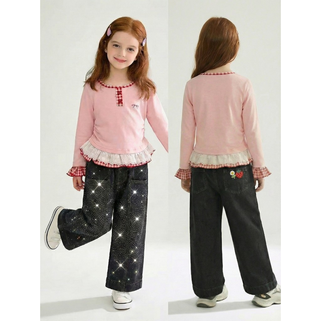 Quần jean Baggy pha lê màu đen Y2K Dạo phố Teen Girls Thu Đông