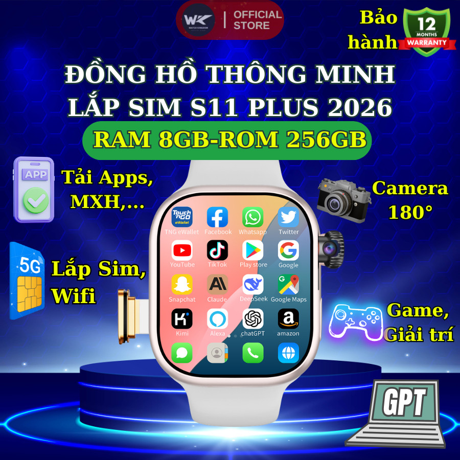 Đồng Hồ Thông Minh Lắp Sim S11 Plus 2026 Nghe Gọi, Ram 8gb Dung Lượng 256GB, Chat GPT, Định Vị, GPS