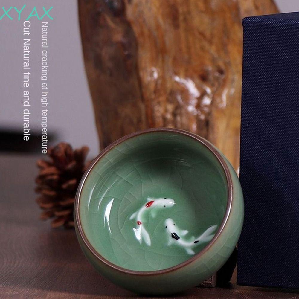 XYAX Golden Fish Celadon Porcelain Teacups, Crackle 60ml Long Tuyền Tea Cup, Crackle Tea Cup tinh tế