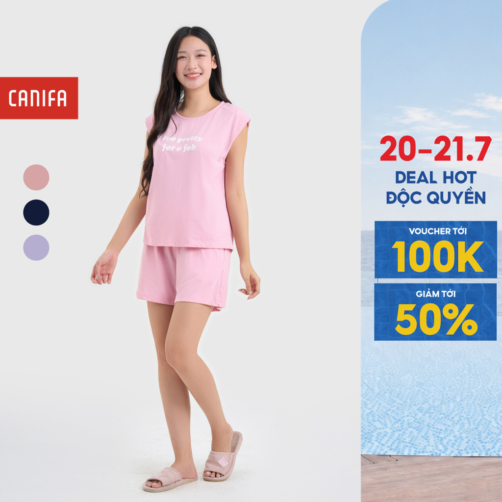 Bộ quần áo nữ CANIFA sát nách quần đùi mềm mát có hình in 6LS25S001