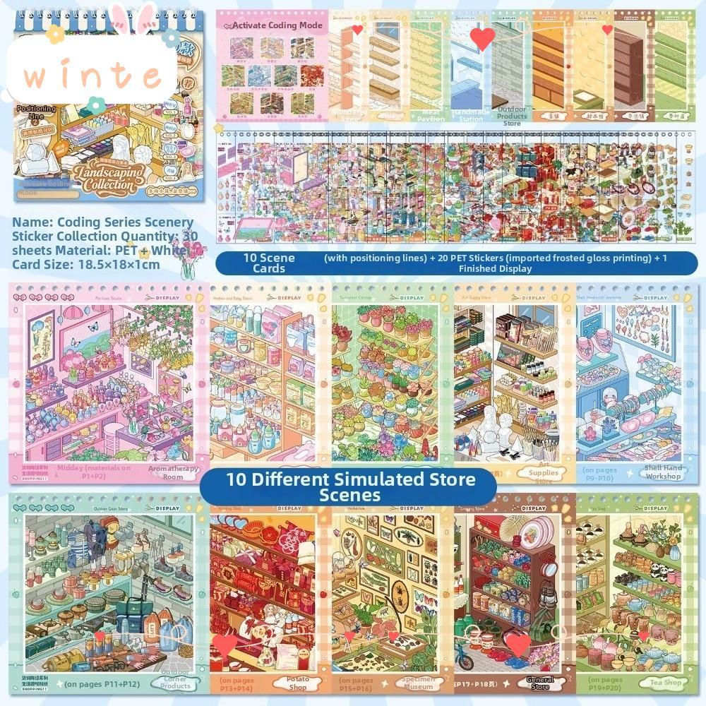 WINTE Sticker Book, Store Series 30 tờ Mini Scene Sticker, Minh họa tinh tế PET Die-cut Shop Scene S