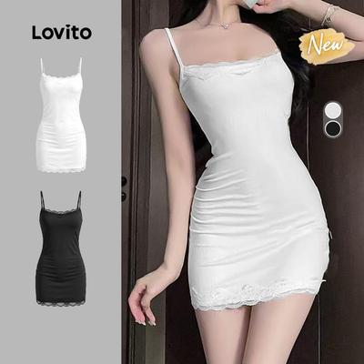 (New Arrival) Lovito Áo Ngủ Hai Dây Ren Màu Trơn Kiểu Dáng Thường Ngày Dành Cho Nữ Có Viền Ren LNE148063