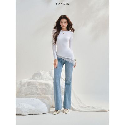 Áo Thun KAYLIN Elera tay dài phối ren form ôm chất vải thun Milk phong cách cá tính BST AURELIA - A213