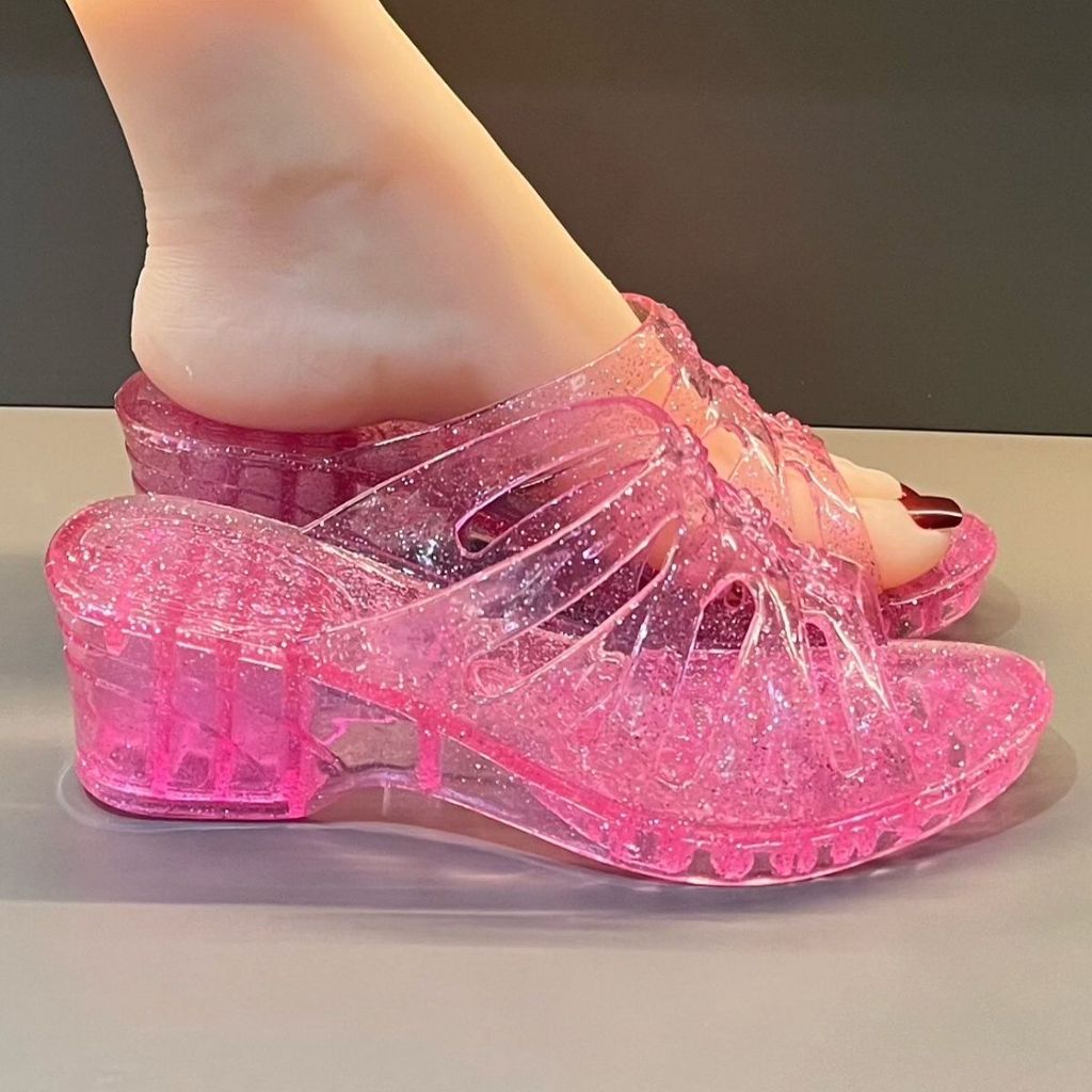Sparkling Crystal Shoes Thick Sole Jelly Anti-slip Slide Heels Fashion