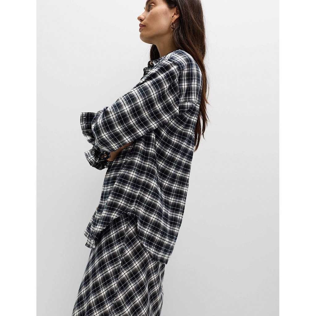 M&S - Women Tops - Pure Cotton Checked Shirt - BLACK MIX