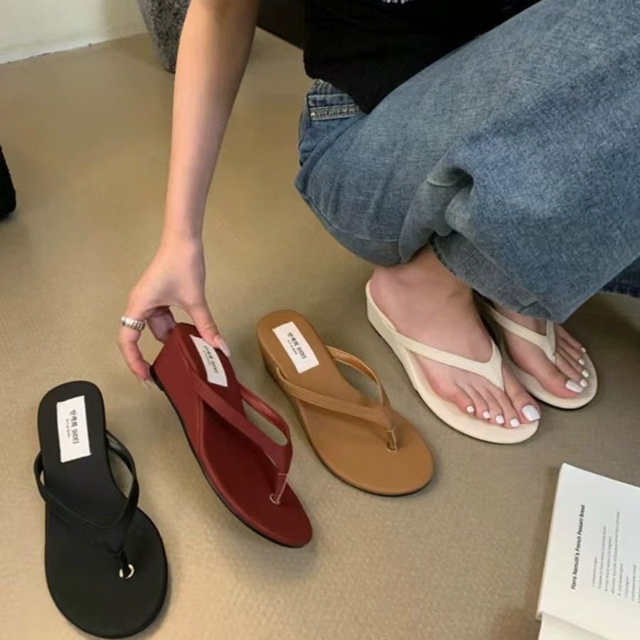 0 Nêm Gót Nâng Cao Flip-Flops Dép Nữ Mặc Bên Ngoài Giày Sandal Nhỏ Pháp Giày Sandal Nữ Cao Gót