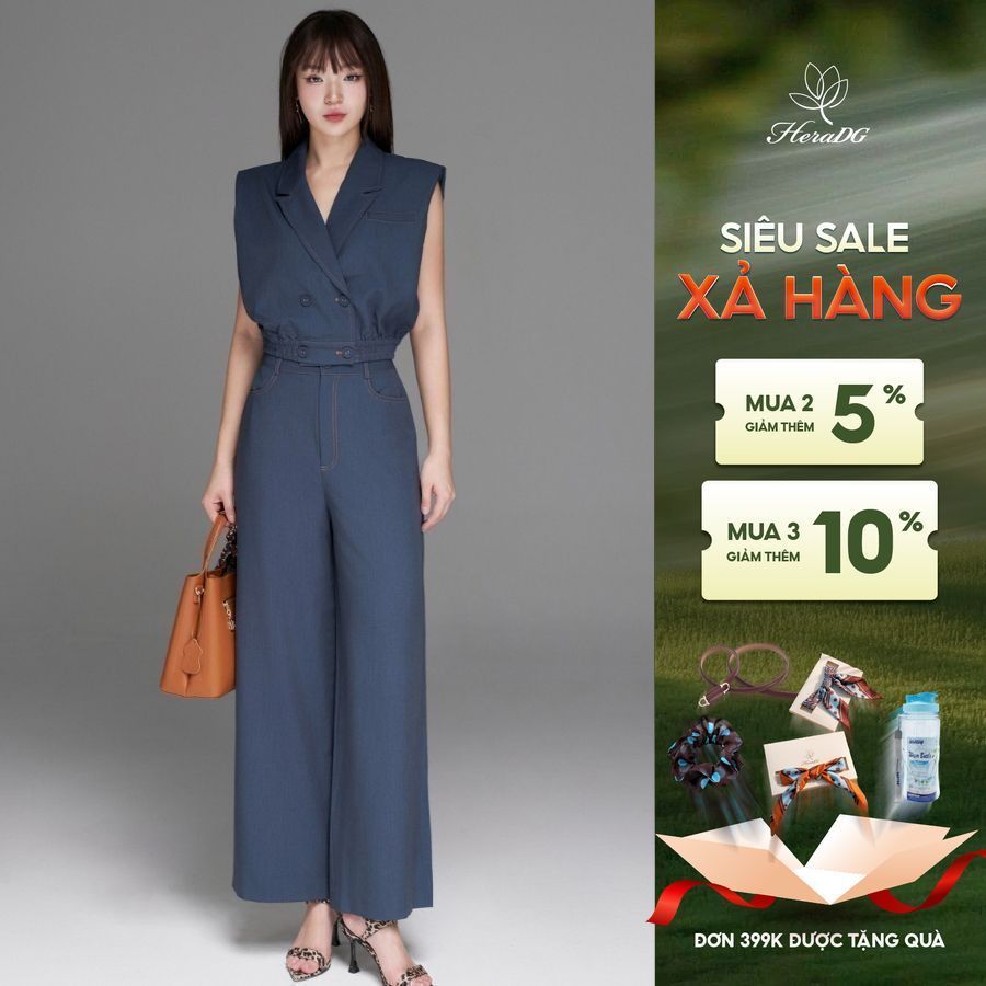 Bộ đồ nữ set áo quần HeraDG áo gile cổ vest độn vai,chun gấu, quần dài suông, chất Tuytsi giả bò cao