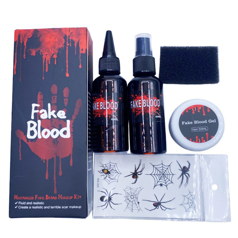 Fake Blood Halloween Makeup Set With Blood Gel Spray Liquid Sponge Spider Tattoos For Zombie Vampire