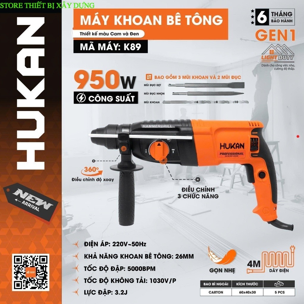 Máy Khoan Bê Tông 3 Chức Năng HUKAN K89 | Công Suất 950W – Lực Đập 3.2J –– Tặng 5 Mũi Store thiết bị