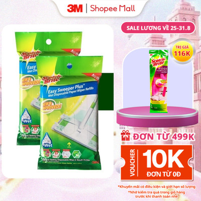 Combo 2 Khăn ướt thay thế cây lau siêu tốc 3M™ Scotch-Brite™, 28cmx21cm, 8 miếng/gói, kháng khuẩn 99,9%, hương trà xanh