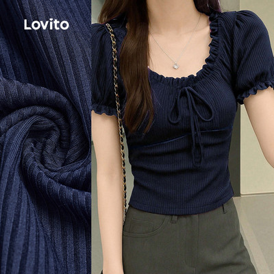 (Phong cách thường ngày) Lovito Áo thun phồng tay xuân hè màu xanh đậm cho nữ L150ED236