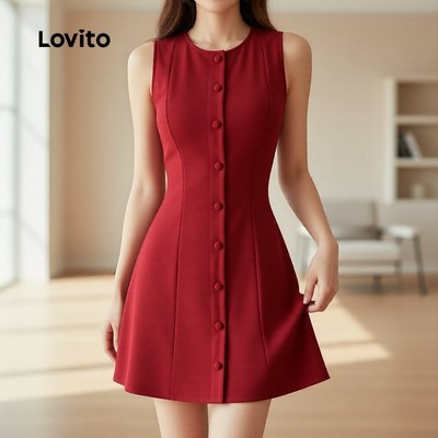 Lovito Đầm đỏ rượu vang xuân hè hàng nút phía trước dáng thường ngày L150ED732