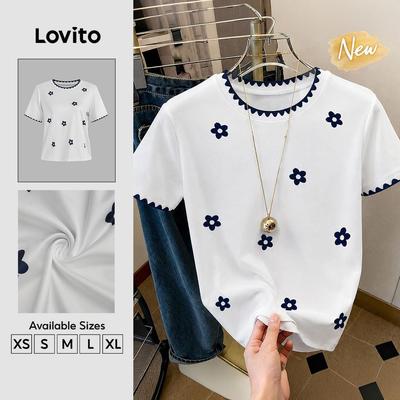 (New Arrival) Lovito Áo thun nữ màu trắng ngà họa tiết Colorblock thanh lịch mùa xuân/hè TSK8P2D165