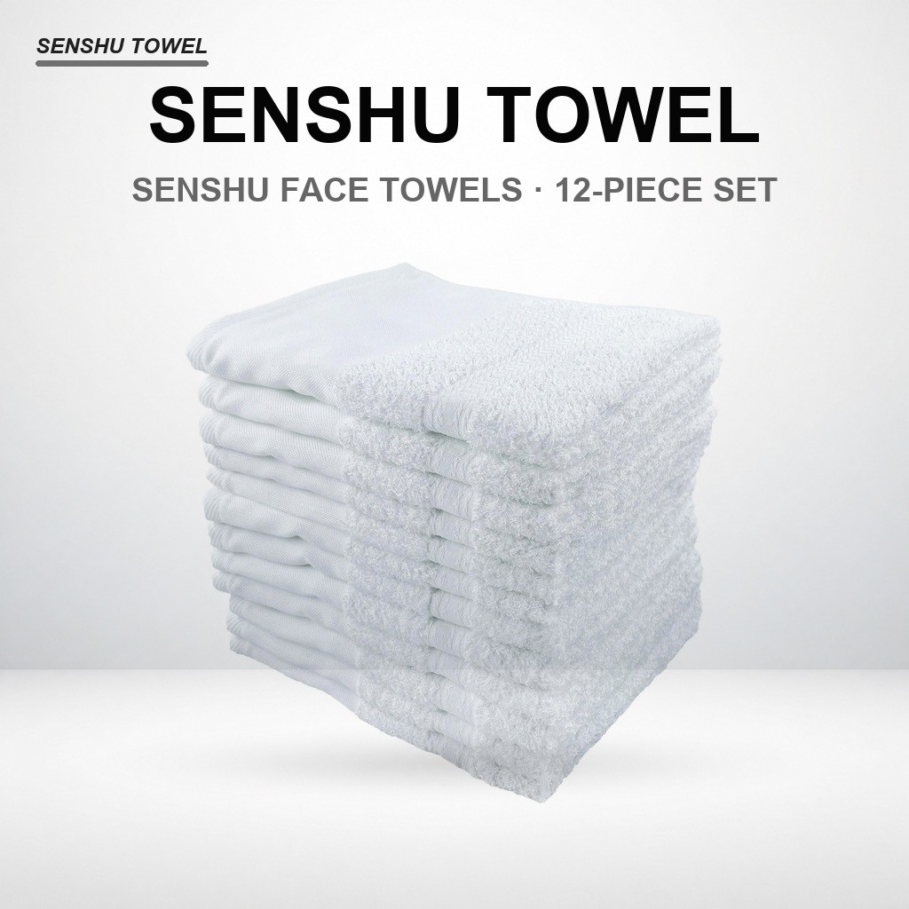 Set of 12 Lightweight Japanese White Sensyu Towels - 100% Cotton Face Towels for Restaurants, Salons