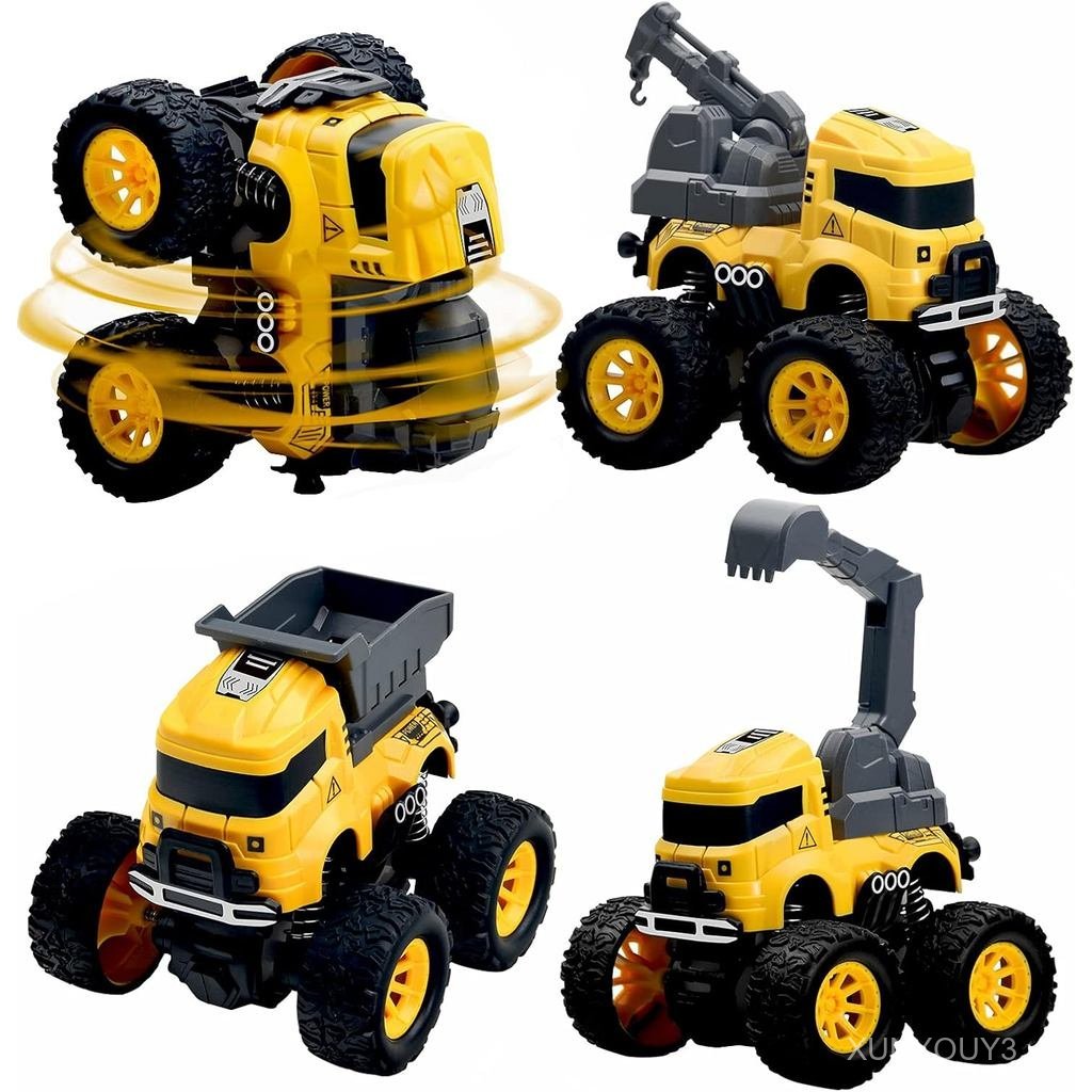 Construction Truck Toys for Boys - 4 Pack Excavator, Mixer, Crane, Dump Trucks Push and Go Friction 