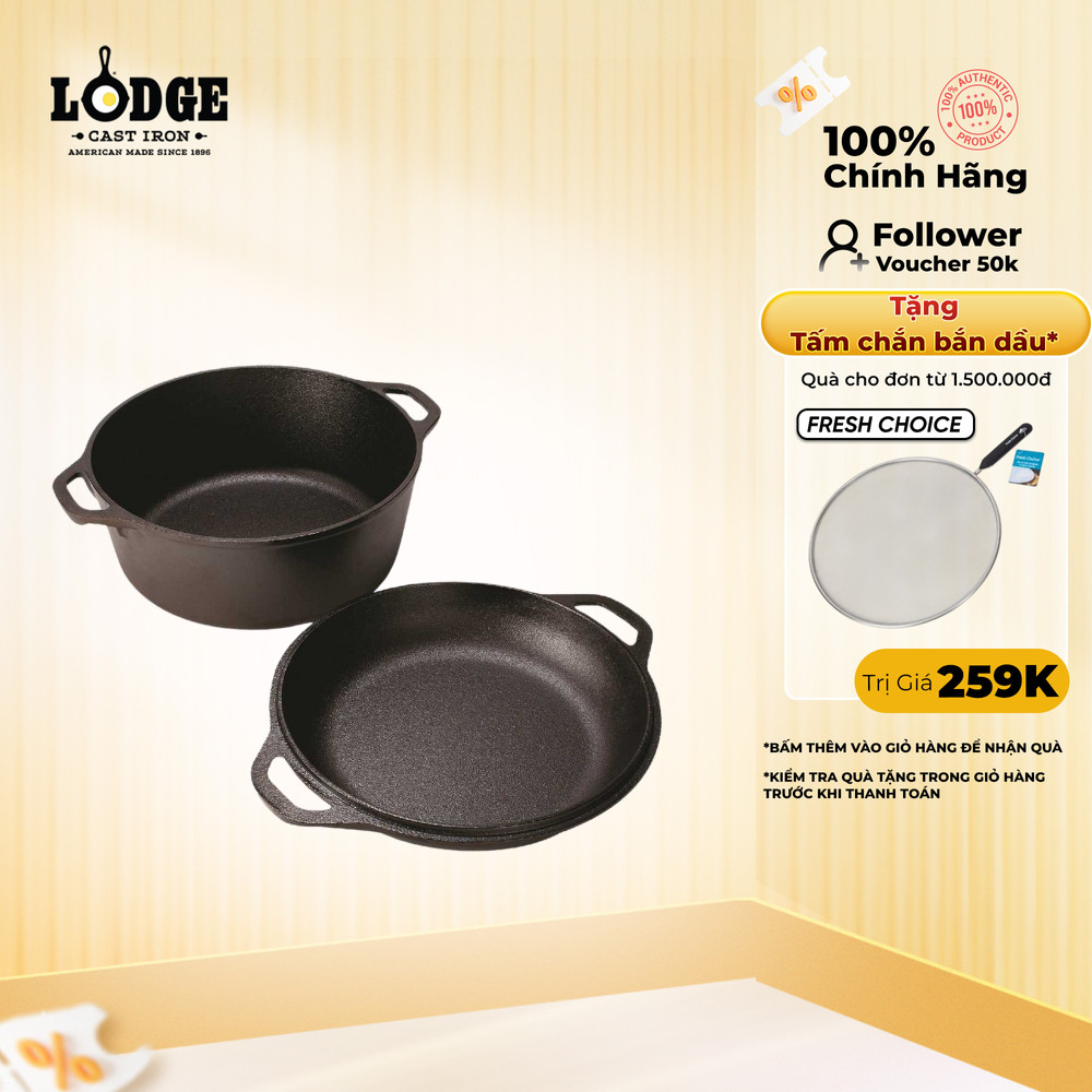 Lodge - Bộ nồi chảo gang tròn - 4.73L