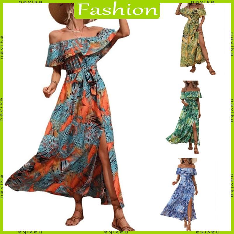 NA Nữ Họa Tiết Hoa Bohemian Đầm Maxi Vai Mùa Hè -Hoa Đầm
