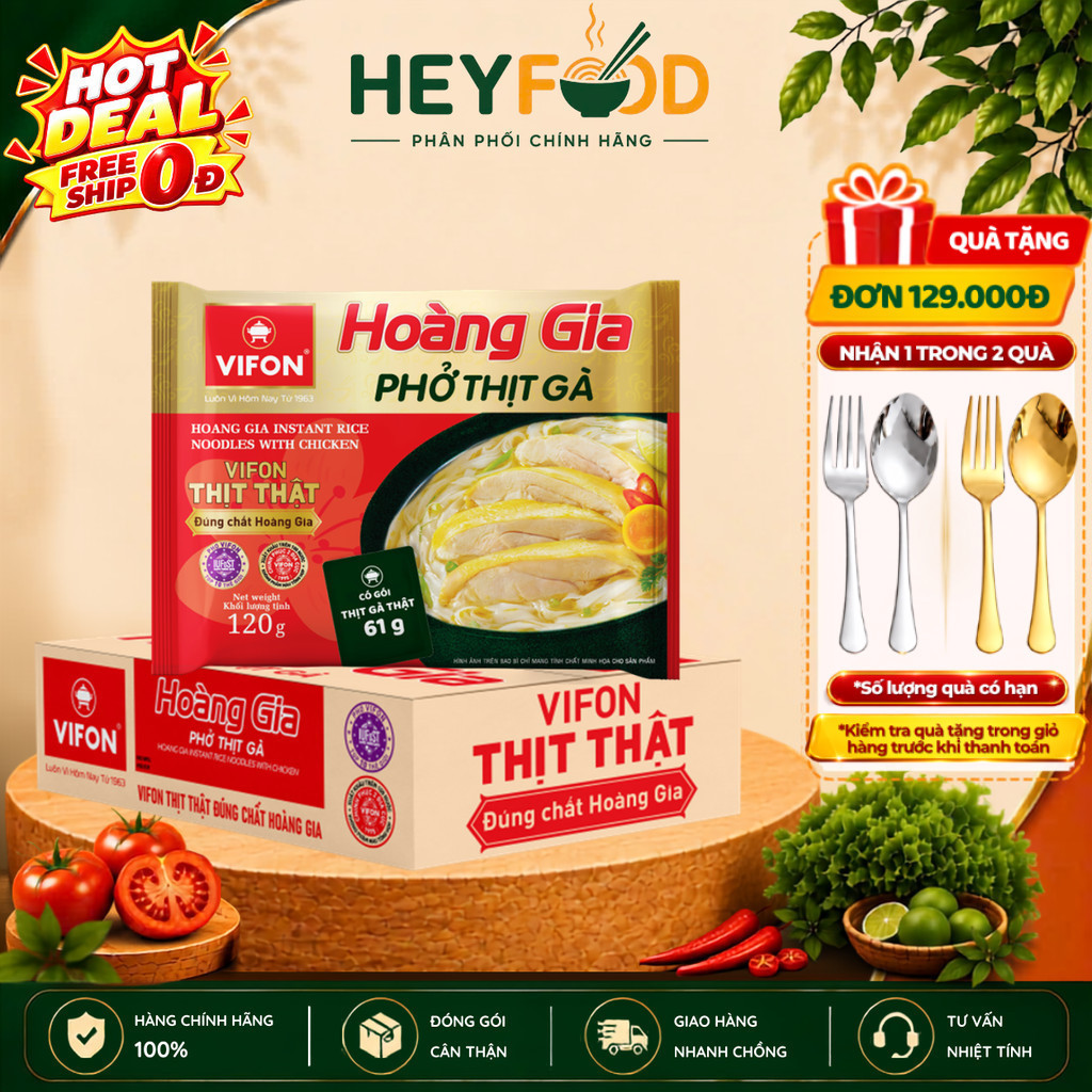 Thùng 18 Gói Phở Thịt Gà HOÀNG GIA VIFON 120g/Gói - Có Gói Sốt Thịt Thật