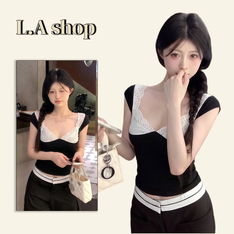 L.A Shop Áo Thun Tay Ngắn Cổ Vuông Trang Trí Có Ren Slim Fit Crop Top Gợi Cảm Ánh Sáng Thời Trang Nữ