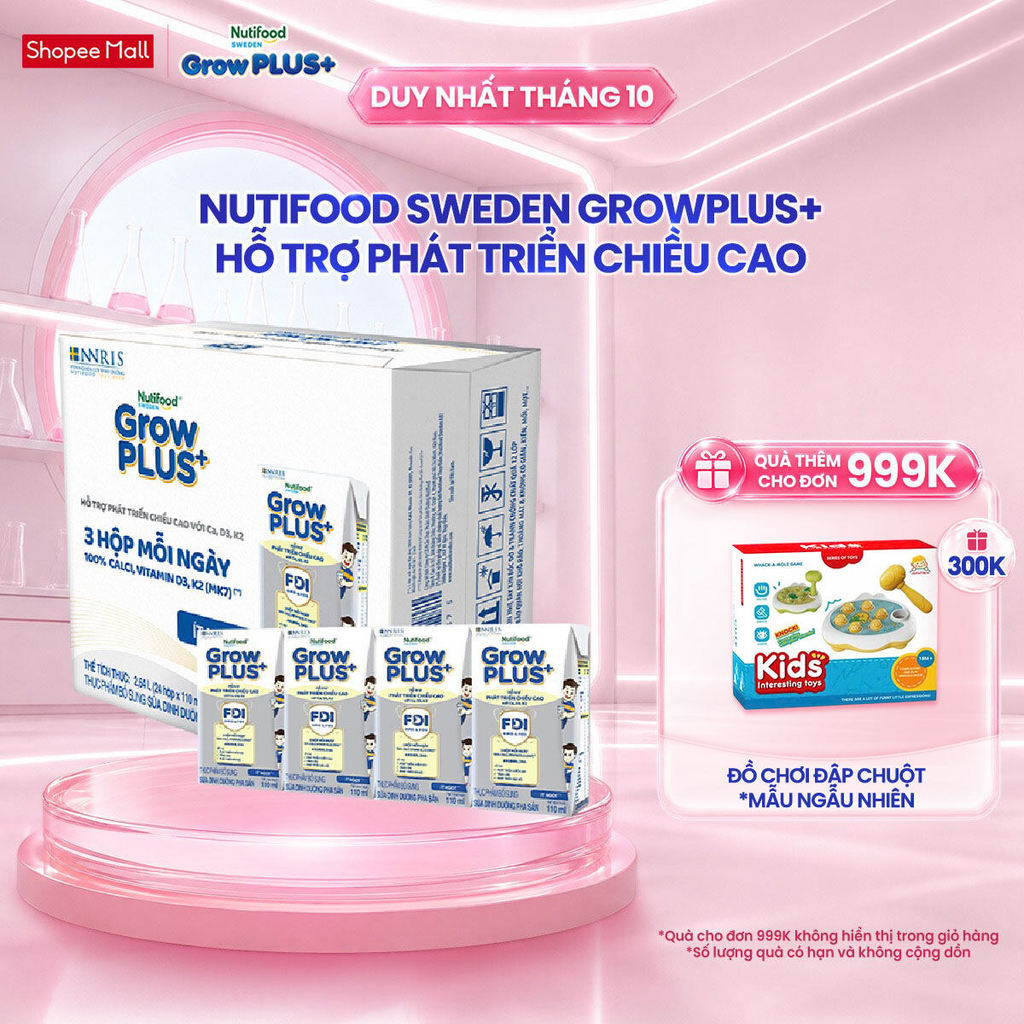 Thùng 24 hộp Sữa Bột Pha Sẵn Nutifood Sweden GrowPLUS+ Cao lớn vượt trội hộp 110 ml