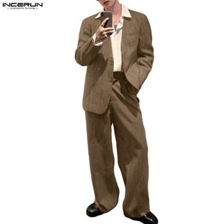  INCERUN Nam Hàn Quốc Ánh Sáng Sang Trọng Không Cổ Áo Dài Tay Áo Liền Quần Hai Mảnh Bộ 