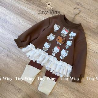  S88 Tiny Winy  - Set áo nâu tay dài phối ren trắng hoạ tiết mèo quần legging nâu bo gấu cho bé gái 