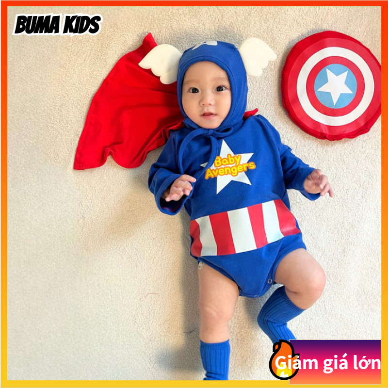 BUMA KIDS🔥Bộ onesie bé Captain America có tay dài để chụp ảnh