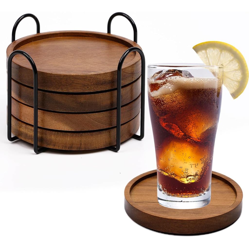 4 Đế Lót Ly Gỗ Cho Đồ Uống Thấm Hút, Đế Lót Ly Bằng Gỗ Có Giá Đỡ, Đế Lót Ly Uống Cho Bàn Cà Phê, Bộ 