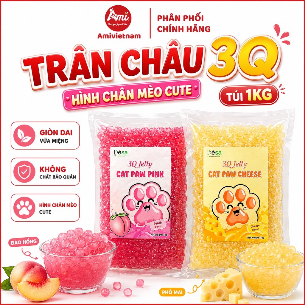 Trân châu 3Q chân mèo vị đào hồng và phô mai túi 1kg thạch topping Desa giòn dẻo