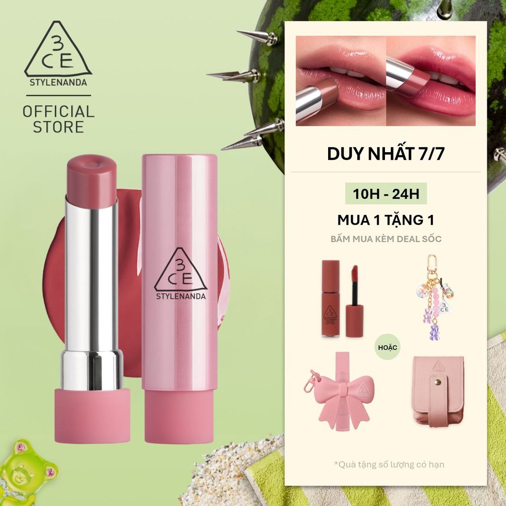 Son Bóng 3CE Glazy Lip Glow Dưỡng Môi Căng Mọng, Mềm Mịn, Lên Màu Chuẩn Sắc, Không Bết Dính, Tự Nhiên
