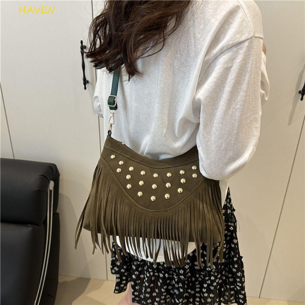 Túi đeo vai đinh tán HAVEN, Túi đeo nách da lộn cổ điển, Túi xách du lịch có dây kéo tua rua Boho Hà
