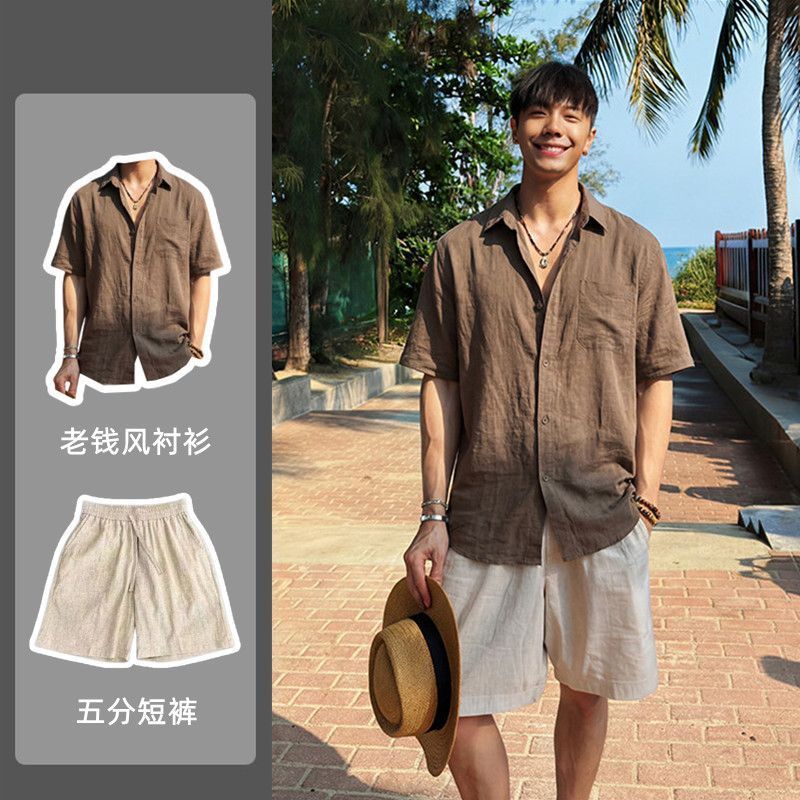 Mùa Hè Nam Giả Vải Lanh Thoáng Khí Áo Sơ Mi Quần Short Phù Hợp Với Cảm Giác Cao Cấp Tiền Cũ Phong Cá