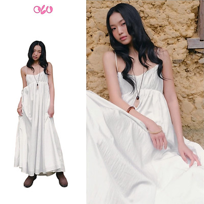 Đầm maxi OLV 2 dây White Cotton Strappy Gathered Maxi Dress phù hợp đi chơi đi biển