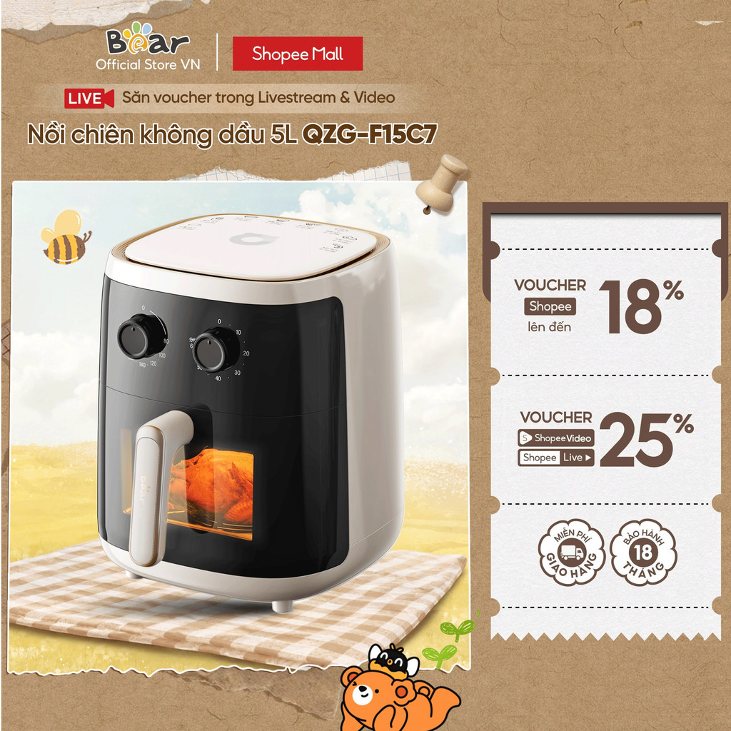 Nồi Chiên Không Dầu 5L Bear QZG-F15C7 - Hàng Chính Hãng