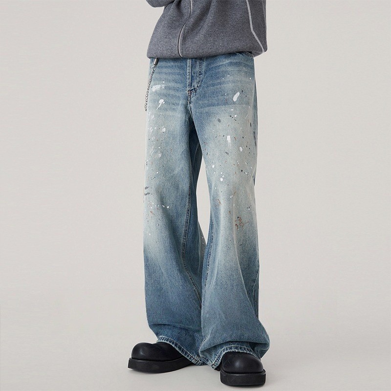 Splash Ink Design Jeans Nam Dạo Phố Puffy Đẹp Trai Retro High Street Puffy Đẹp Trai Hợp Thời Trang R