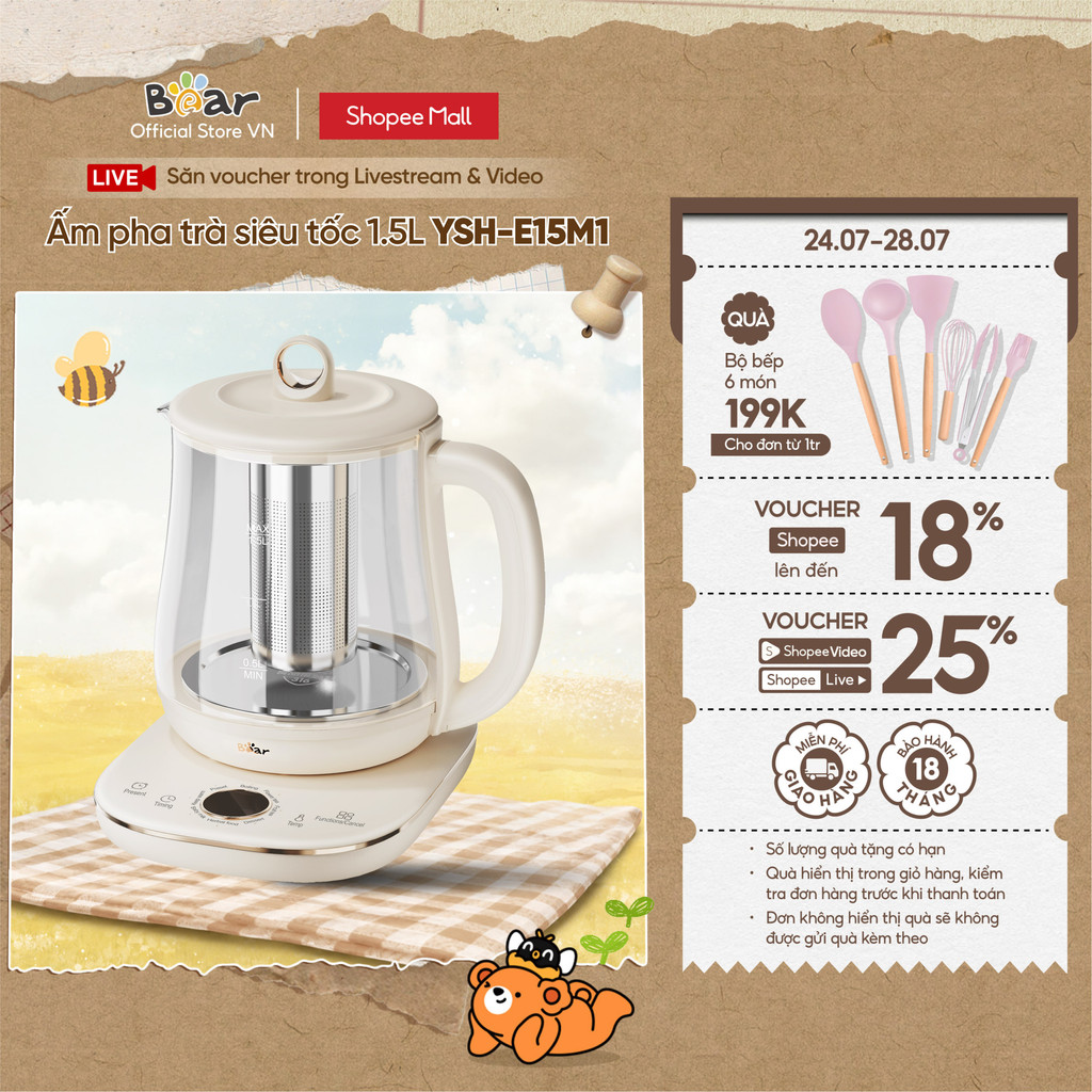Ấm Đun Pha Trà 1.5L Siêu Tốc Bear YSH-E15M1 - Hàng Chính Hãng